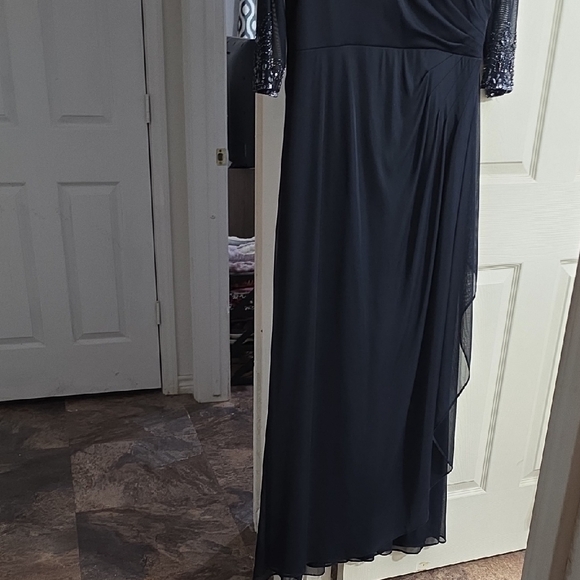 Alex Evenings Navy Blue Long Sleeve Dress with Beaded Neckline - Picture 3 of 6